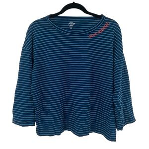 J. Crew Blue Striped Avec Amour Embroidered Boat Neck Shirt Size Medium Women’s